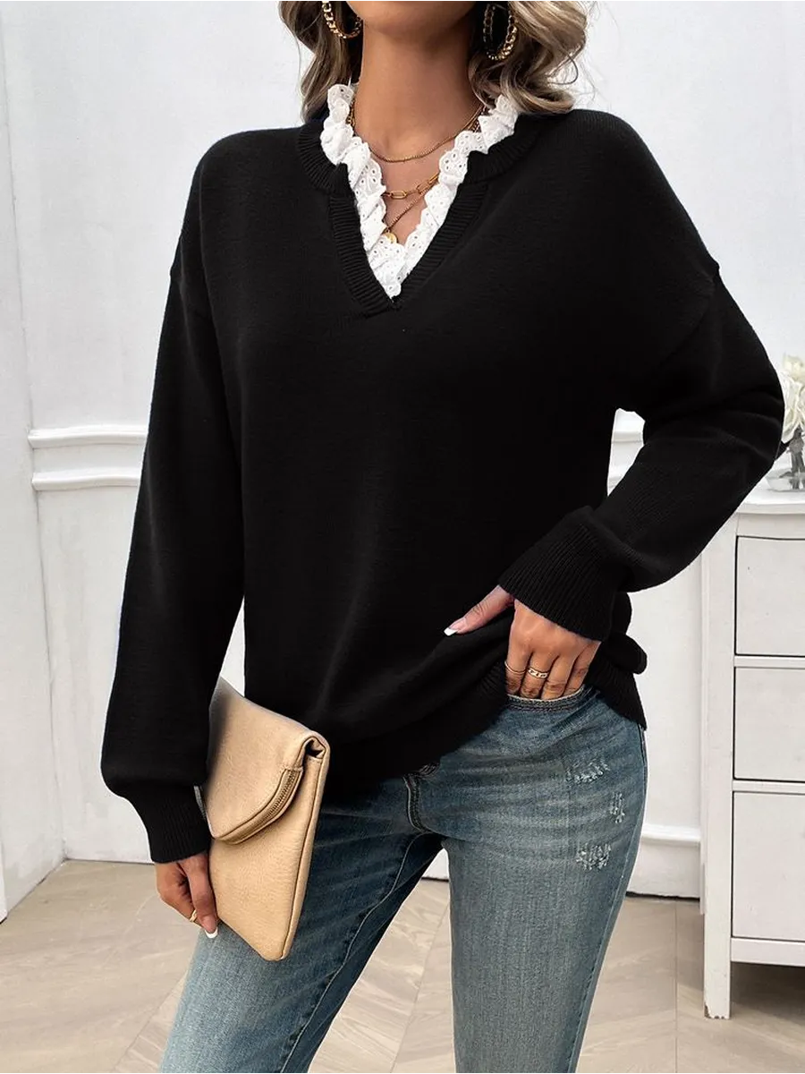 Yara™ | Bluse med blondekant og V-hals